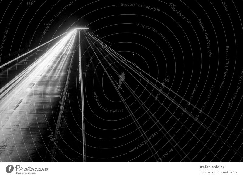 freeway Highway Speed Night Long exposure Light Vanishing point Transport Black & white photo Line Contrast