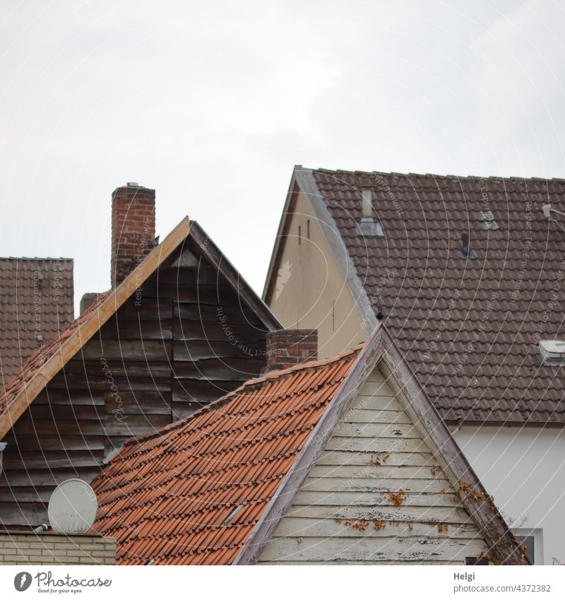 Interspaces - several different house gables and roofs in front of a blue-grey sky House (Residential Structure) Building Architecture pediment Roof roof tiles