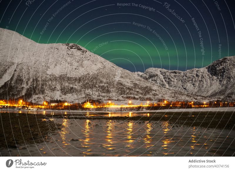 Spectacular Northern Lights in Tromso northern lights aurora borealis Kattfjorden Kvalya Island region Norway winter night landscape iceland space sky astronomy