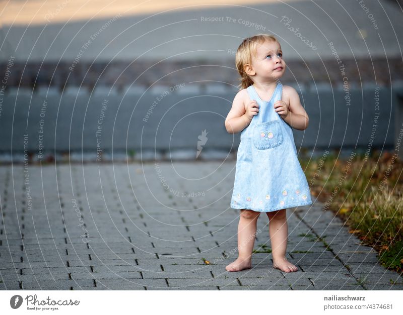 Mary... Dress Denim dress Barefoot Town Asphalt Street outdoor Meditative look dreamily Lanes & trails Child Evening Infancy Girl`s face Cute