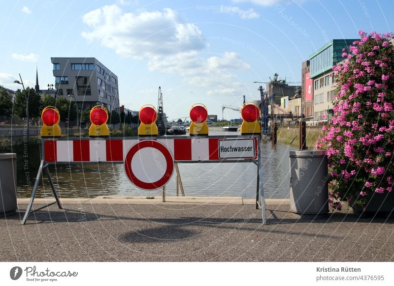 barrier due to high water Flood harbour basins Neuss cordon No passage esteem Caution peril cordoned off Barred hazard area Dangerous Safety Water Water level