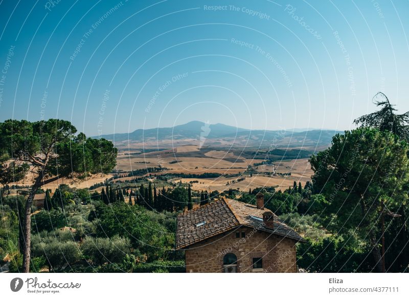 House in tuscan landscape with hills and cypresses Tuscany House (Residential Structure) Landscape Cypresses Hill Italy warm Summer Green trees Nature Blue sky