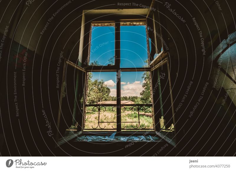 Lost Land Love | I need fresh air Window Window pane Air View from a window Window frame Looking Frame Pane Splinter shards Broken Destruction Ruin Old