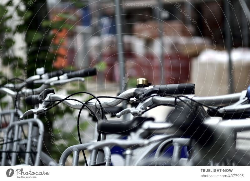 While in the background there is a lot of building material for a big house, in the foreground a row of rental bicycles is ready for use next to a tree.