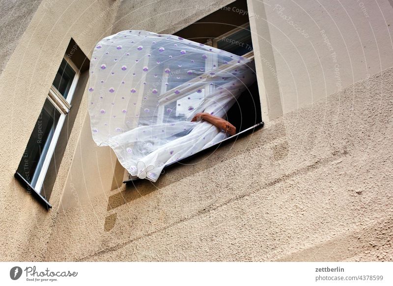 Waving curtain is called to order Old building on the outside pull through Facade Window Judder Curtain open House (Residential Structure) Sky Sky blue