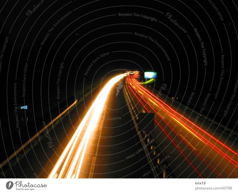 freeway Highway Speed Red Yellow White Dark Night Black Driving Right Bird's-eye view Signs and labeling Long exposure Blur Light Curve Strip of light Street