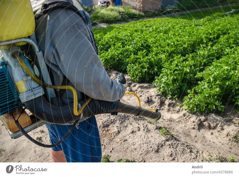 Farmer with a spray machine on potato plantation background. Fungicide and pesticide use for protection of cultivated plants from insects and fungal infections. Crop protection, environmental impact