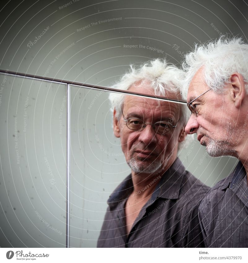 self-reflection portrait Looking Eyeglasses Gray-haired Facade Metal masculine Designer stubble daylight Shirt