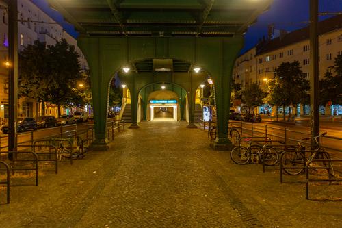 Street with elevated train station at night Schönhauser Allee Prenzlauer Berg Night Train station Eberswalder Street Berlin Downtown Capital city Town