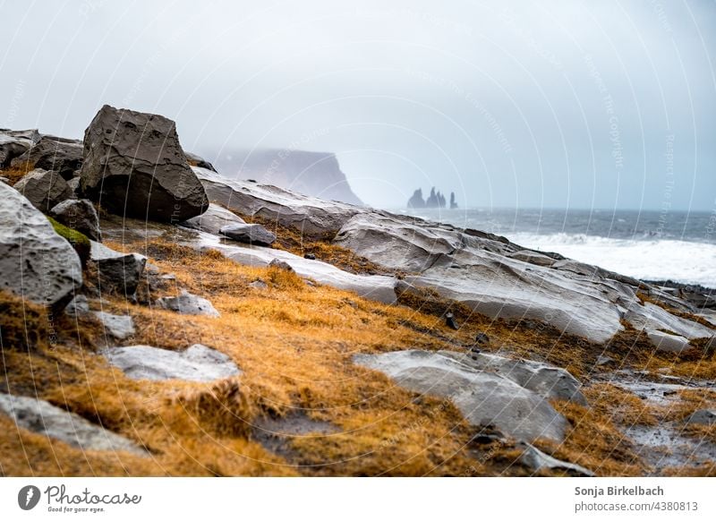 Reynisdrangar in the distance - Longing Iceland Far-off places Horizon Icelandic Landscape Nature Rock stones Lava Volcanic Ocean coast Fog Clouds Dramatic