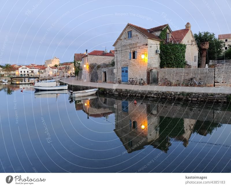 Vrbosha fishing village at island Hvar, Croatia, Adriatic sea. house boat Fishing boat Colour photo Harbour Vacation & Travel bikes stone house croatia dusk Bay