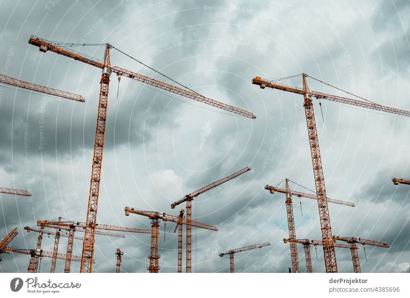 Construction cranes in the HafenCity of Hamburg Deep depth of field Contrast Light Day Copy Space middle Copy Space bottom Copy Space left Copy Space right