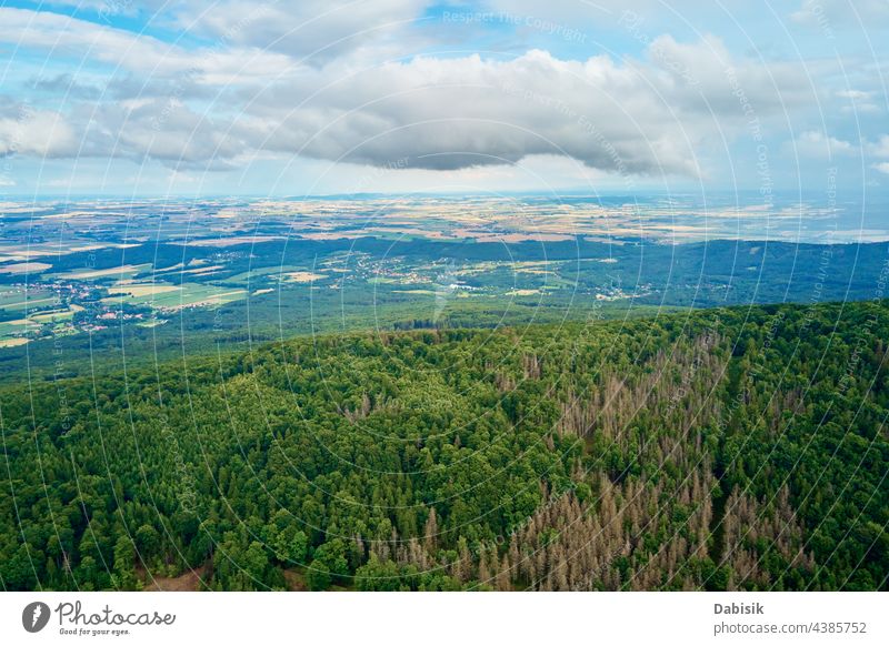 Sleza mountain landscape. Aerial view of mountains with forest. sleza aerial drone highland lower silesia poland scenery sleza mountain wroclaw summer sky