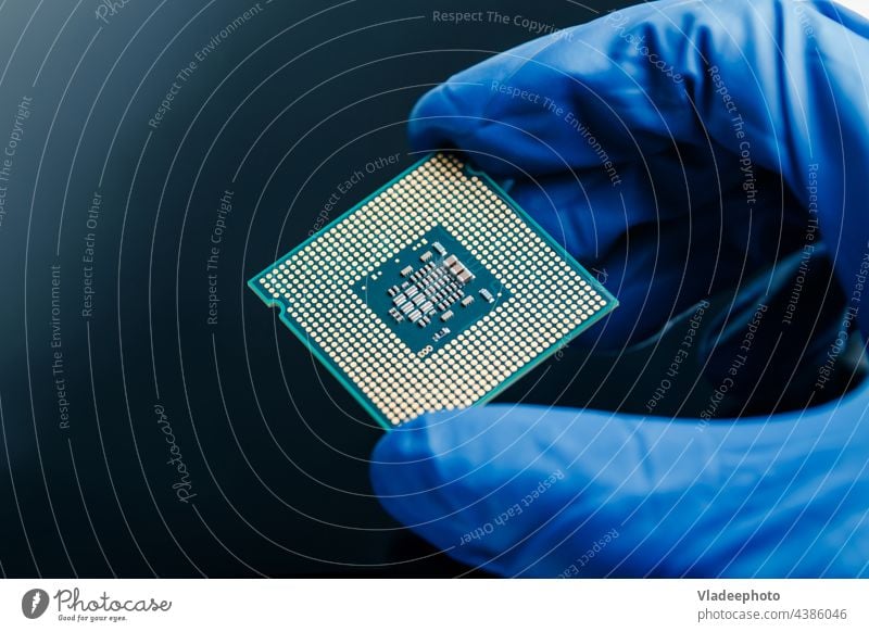 Close-up view on a new semiconductor microchip in gloved hand of computer scientist. Modern technology and hardware development cpu circuit device digital