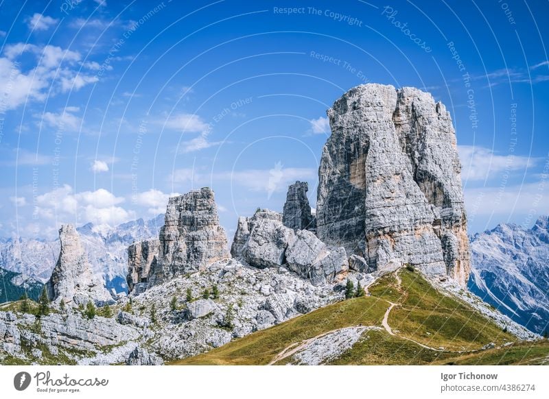 Cinque Torri Dolomites against blue summer sky. Italy dolomites cinque torri mountain landscape italy travel hiking nature peak rock alps europe climbing