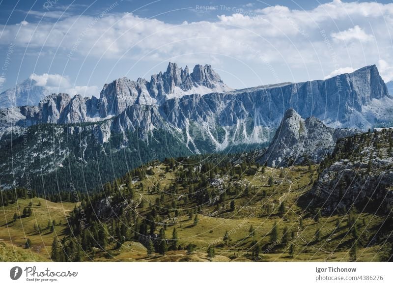 View over Passo di Giau Mountains, Croda da Lago, Formin of Europe Alps, Dolomites, Italy italy dolomites aerial view europe mountains alps formin rifugio lago