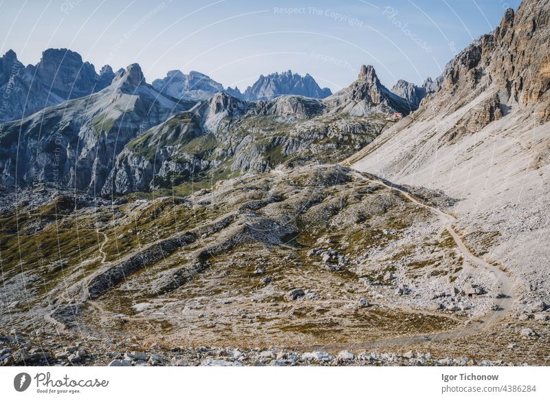 Incredible Nature Landscape around famous Tre Cime di Lavaredo. Rifugio Antonio Locatelli alpine hut popular travel destination in the Dolomites, Italy nature