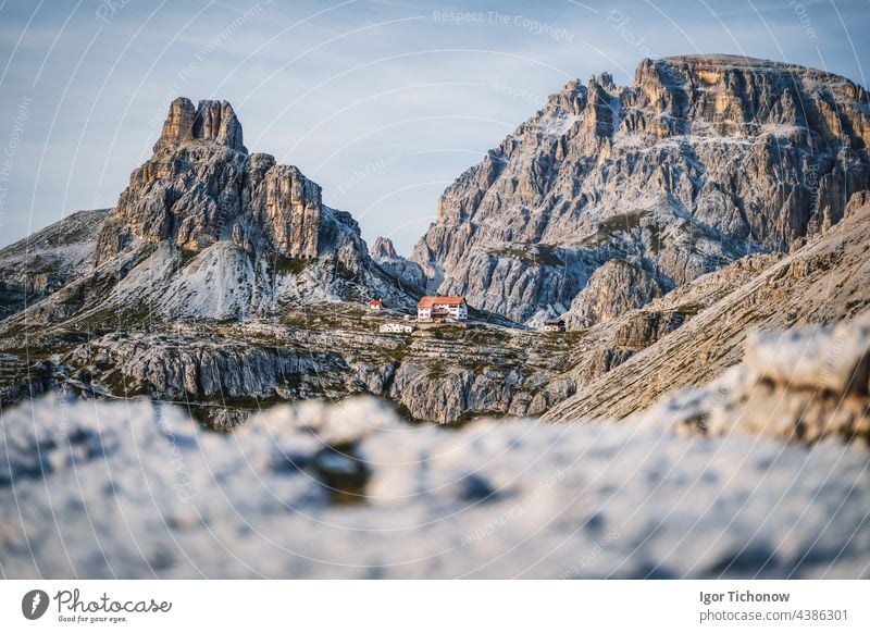 Dreizinnenhuette - Rifugio Antonio Locatelli close to Tre Cime di Lavaredo, Dolomites, South Tyrol, Italy famous nature mountain sunset landscape alpine travel