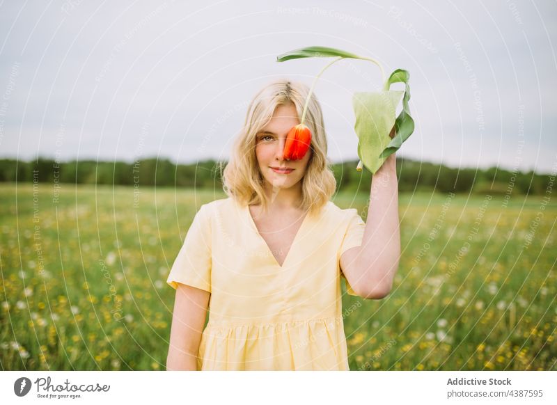 Smiling woman covering eye with red tulip in meadow cover eye flower field spring tender content floral female blossom bloom fresh natural summer calm delicate