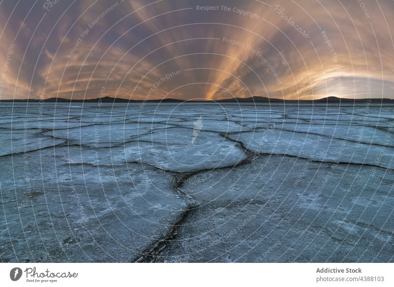 Salty lagoon under sunset sky in summer scenery salty landscape surface dry rough twilight penahueca toledo spain picturesque formation sundown bright evening