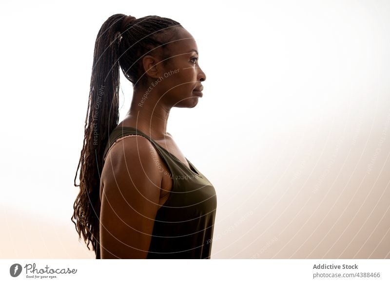 Black woman with long braided hair on white background hairstyle ponytail appearance calm charming long hair beauty natural female black african american ethnic