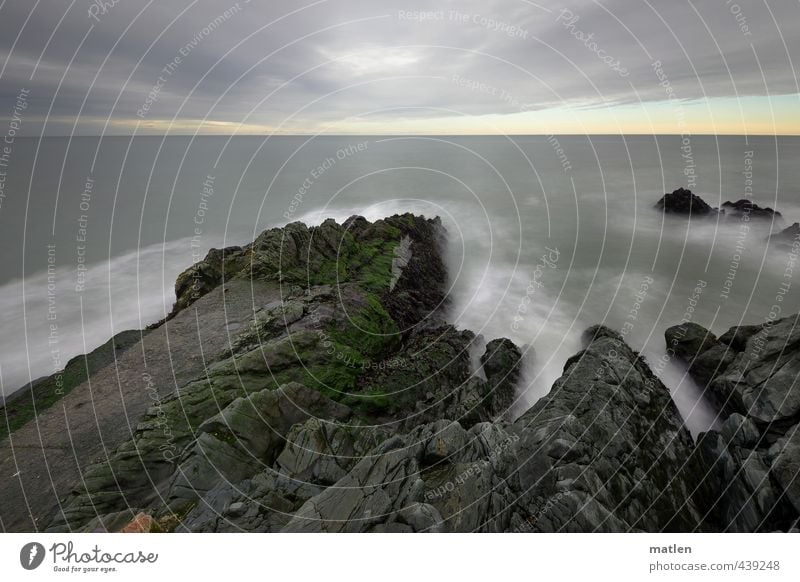 At the end of the world Landscape Elements Water Sky Clouds Horizon Autumn Weather Bad weather Rock Waves Coast Reef Ocean Gray Green White Colour photo