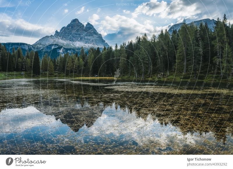 Aerial view of Lago Antorno Lake,Tre Cime di Lavaredo mountain in background, Dolomites, Italy italy antorno lago lake dolomites alpine misurina italian europe