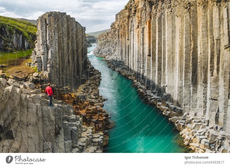 Man hiker in red jacket visit Studlagil basalt canyon, with rare volcanic basalt column formations, Iceland iceland man studlagil landscape cliff scenery rock