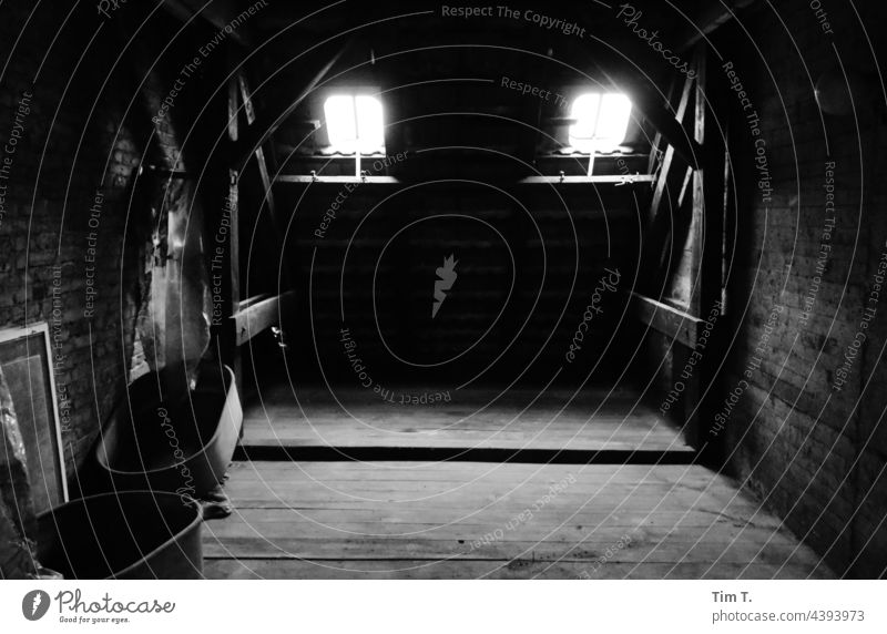 an attic with two hatches in Berlin Attic b/w Black & white photo Architecture Day Town Building Deserted Downtown Capital city Prenzlauer Berg Old building