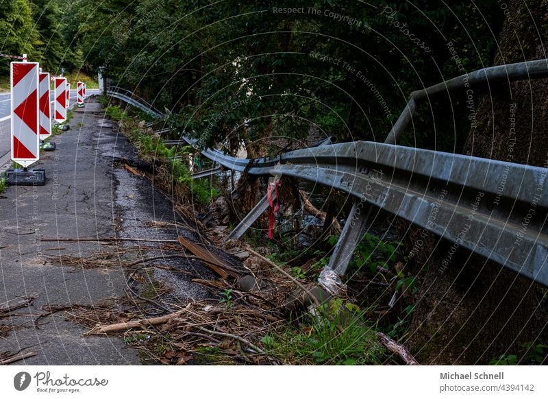 Country road B54 in Volmetal (Hagen, NRW) destroyed by flood (July 2021) Broken corrupted High tide flood disaster Destruction Transience Climate change