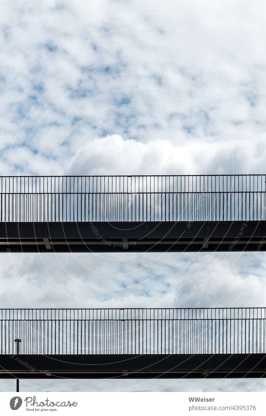 Transitions high in the clouds lead from one invisible house to another House (Residential Structure) Bridge Intersection Connection go over passage rail Clouds