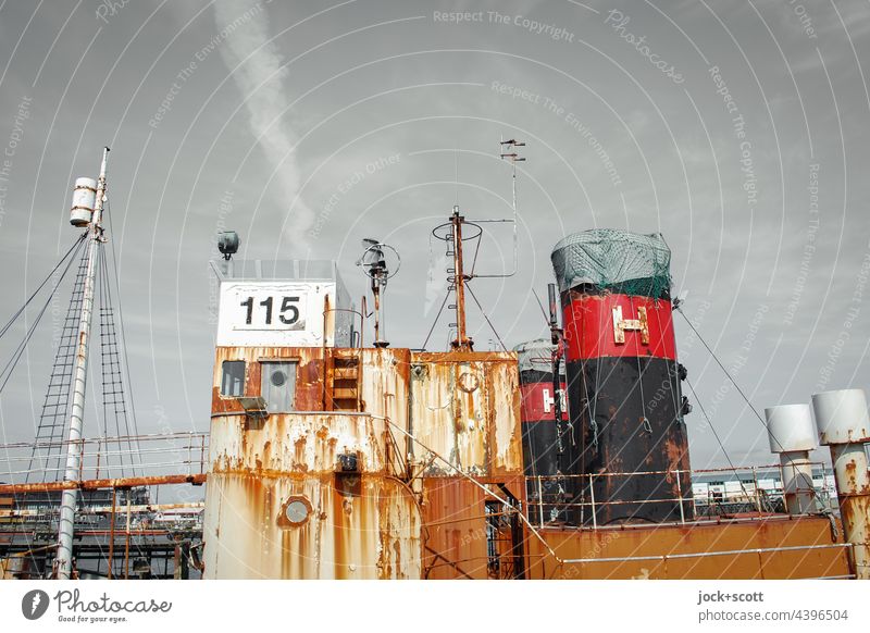 Old barges fishing cutter Fishing boat wreck Watercraft Maritime Derelict Ravages of time Sky Beautiful weather Transience label Iceland Broken number Reykjavík