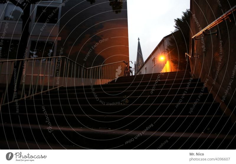 Cathedral in sight Cologne Architecture Dark Dome Cologne Cathedral Tourist Attraction Landmark Town Stairs cathedral points Downtown Deserted Building