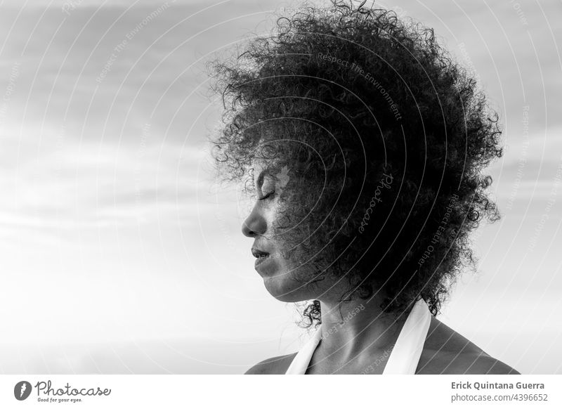 Relaxed woman with her eyes closed Black & white photo Woman woman portrait Portrait photograph Eyes Peaceful Relaxation relax Meditation mindfulness Air Afro