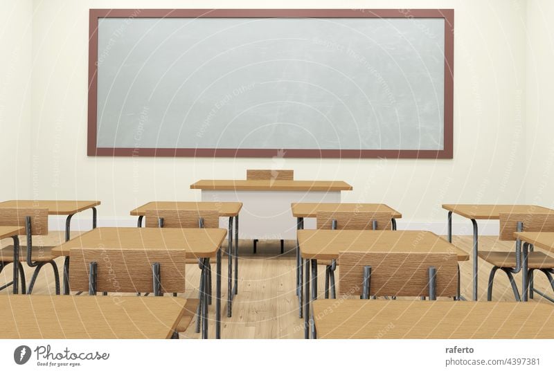 Empty school classroom interior 3d illustration blackboard desk education chair empty indoor lesson seat study nobody floor learn training university college