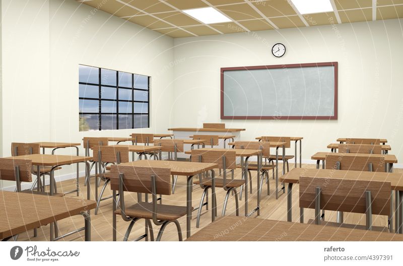 An Empty school classroom interior 3d illustration blackboard desk education chair empty indoor lesson seat study nobody floor learn training university college