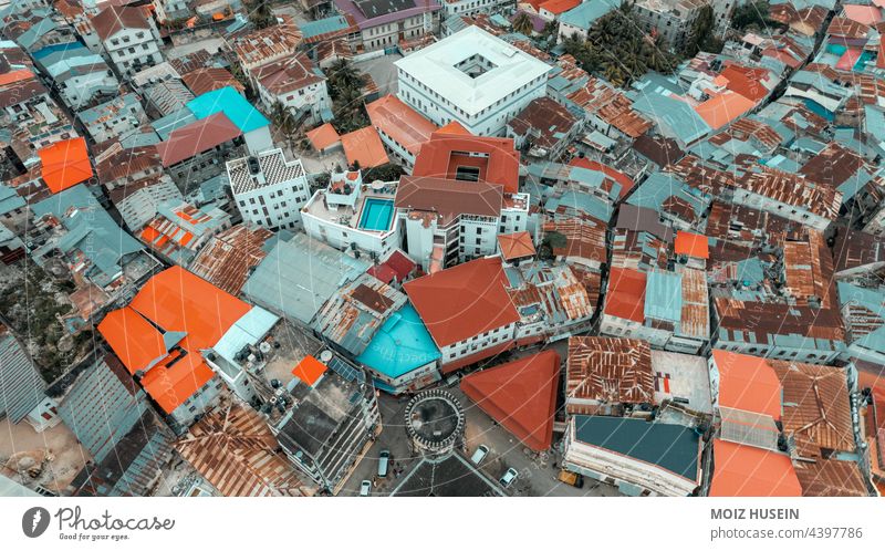 Aerial view of Zanzibar Island aerial africa architecture beach building buildings city skyline city street cityscape coast coastline drone historical history