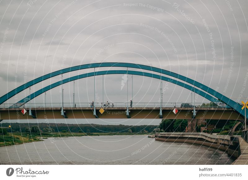 Bridge over the Oder with landing stage River bank Bollard Jetty Harbour Navigation Overgrown calm water Flow flowing water stream Water Inland navigation