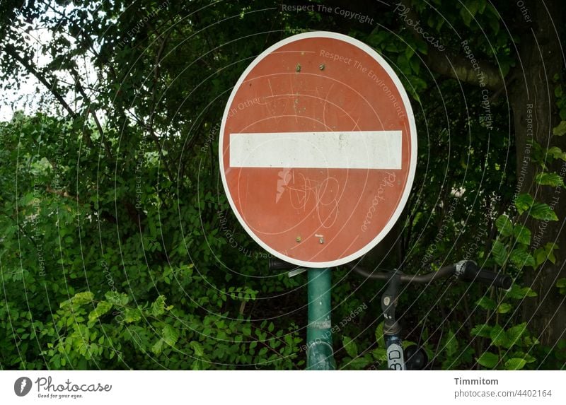 The other day in Nuremberg... entry prohibited Road sign Prohibition sign No entry Red White shrubby green Bicycle turned off Signs and labeling forbidden