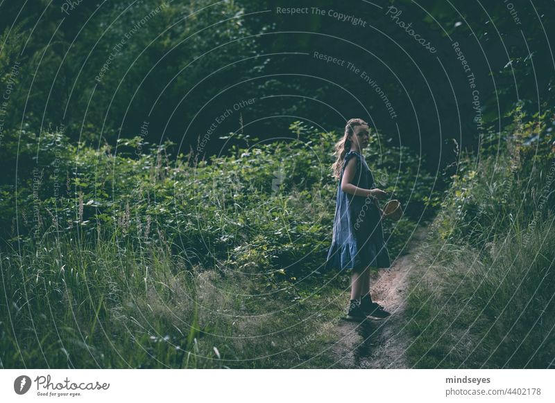 Girl alone in the forest Child childhood Forest Lost Mushroom picker lonely Helpless searching blue dress Authentic wandering darkness scary