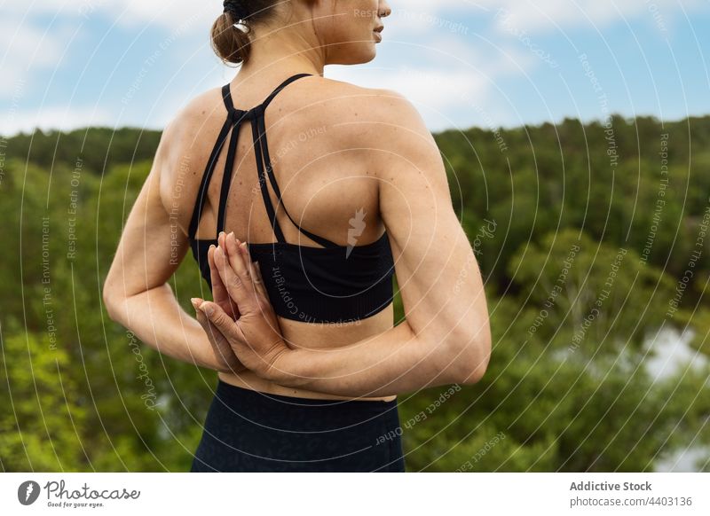 Anonymous woman clasping hands behind back yoga nature practice hobby hands clasped summer asana zen meditate female flexible slim namaste prayer gesture