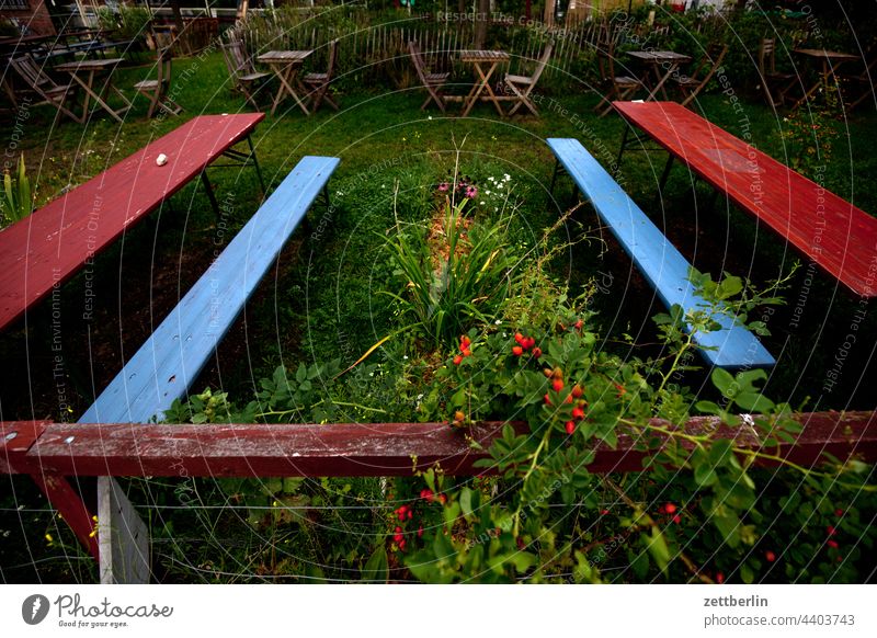 Gastronomy without guests Evening Bench Berlin Beer garden free seating gastronome Green Roadhouse Empty Light Deserted Night Park Plant Seat Chair Table