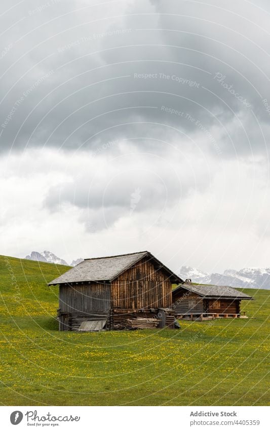 Mountainous village in green valley on sunny day mountain highland meadow alpine settlement house landscape scenery dolomite italy alps seiser alm summer