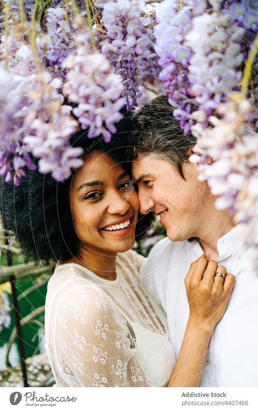 Gentle multiethnic couple embracing in garden with wisteria flowers embrace relationship park love hug content romantic diverse multiracial black