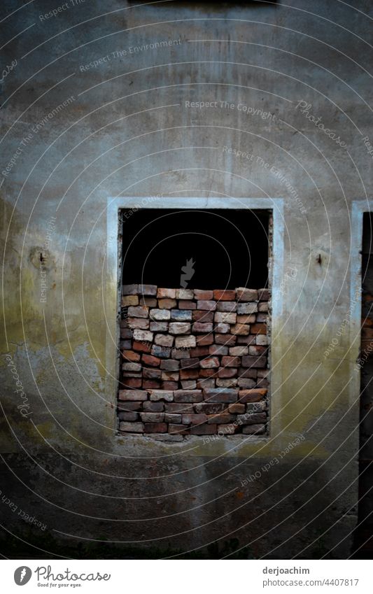 The house is abandoned. The door is missing. Instead, a half-high wall was erected with colored bricks. Wall (barrier) Colour photo Facade Architecture Window