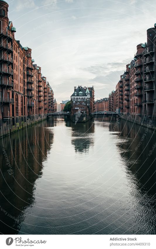 Famous Hamburg Speicherstadt warehouse district at sunrise hamburg architecture canal town brick bridge city river harbor germany old water speicherstadt port