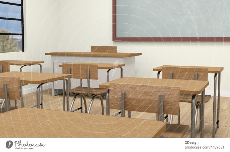 Empty school classroom interior 3d illustration blackboard desk education chair empty indoor lesson seat study nobody floor learn training university college