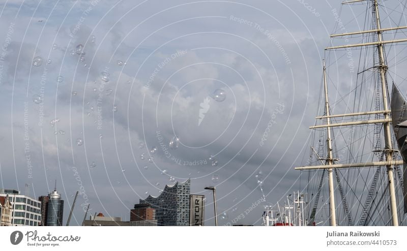 Soap bubbles over the port of Hamburg Harbour Sky Port of Hamburg Elbe Port City Exterior shot Navigation Town Tourist Attraction River Copy Space top Tourism