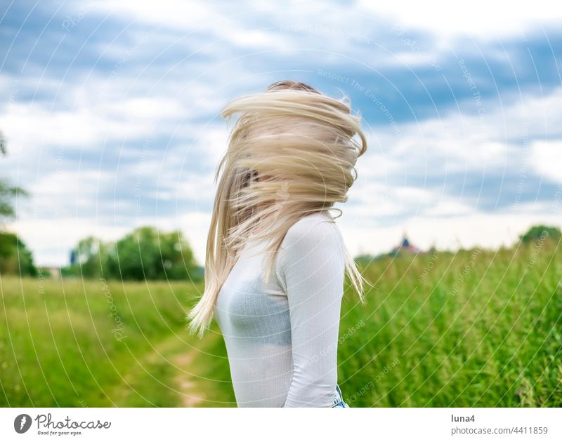 young woman with disheveled hair Woman fortunate Blow Disheveled youthful Young woman Wind sensual windy daintily pretty Single cheerful portrait Attractive