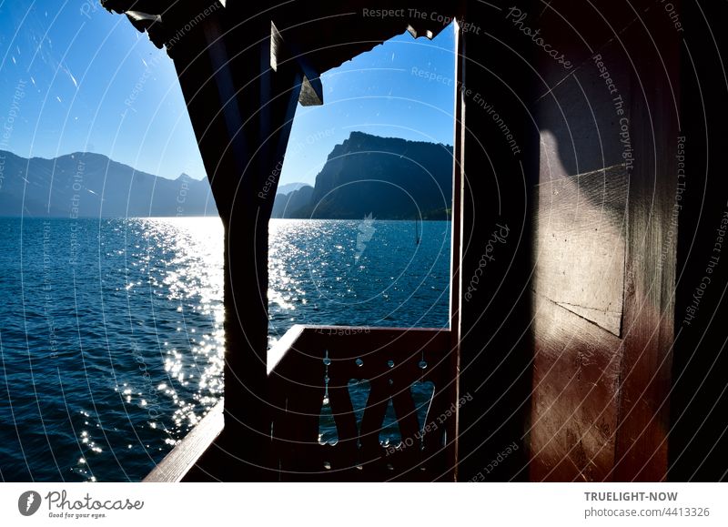 View from a listed ship's hut of Lake Lucerne (Lake Lucerne, Switzerland) and the mountains in the morning light Ship's hut Boathouse Nature Nature reserve Blue